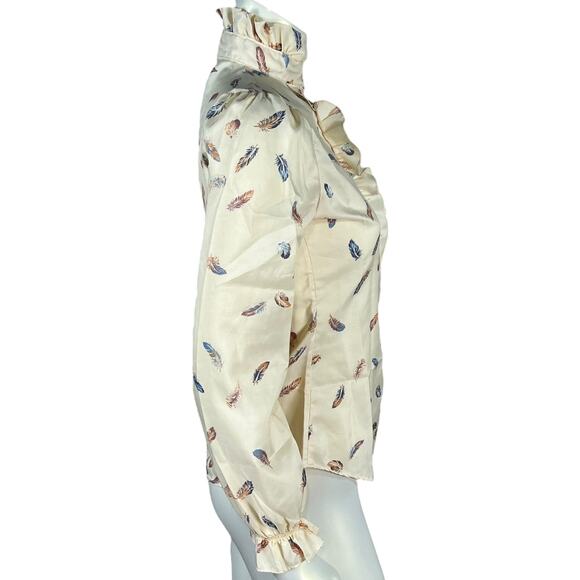 Vintage 90s Cream Feather Print Ruffle Victorian Style Blouse Size Small - Picture 5 of 8